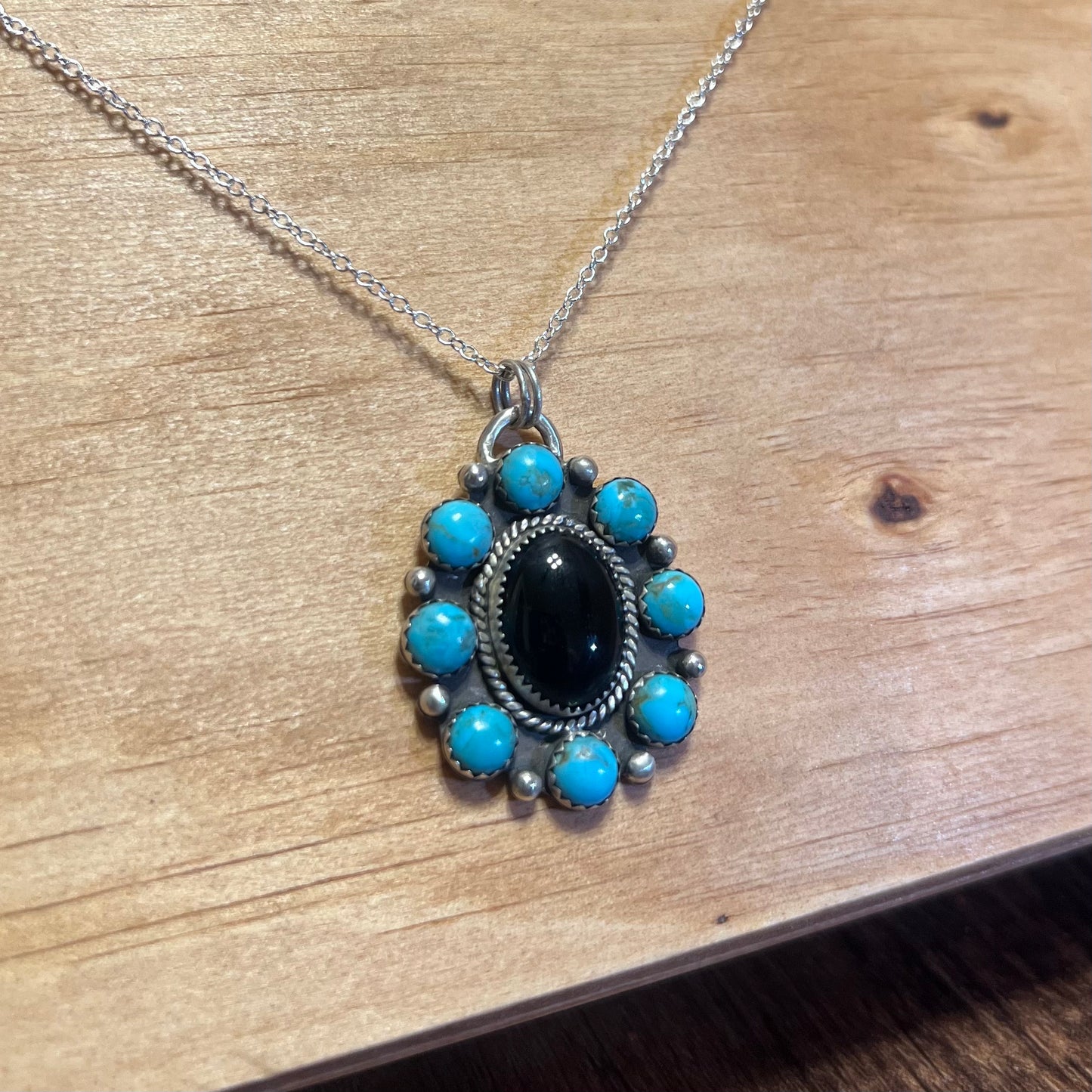 - Black Onyx & Kingman Turquoise Cluster Pendant -